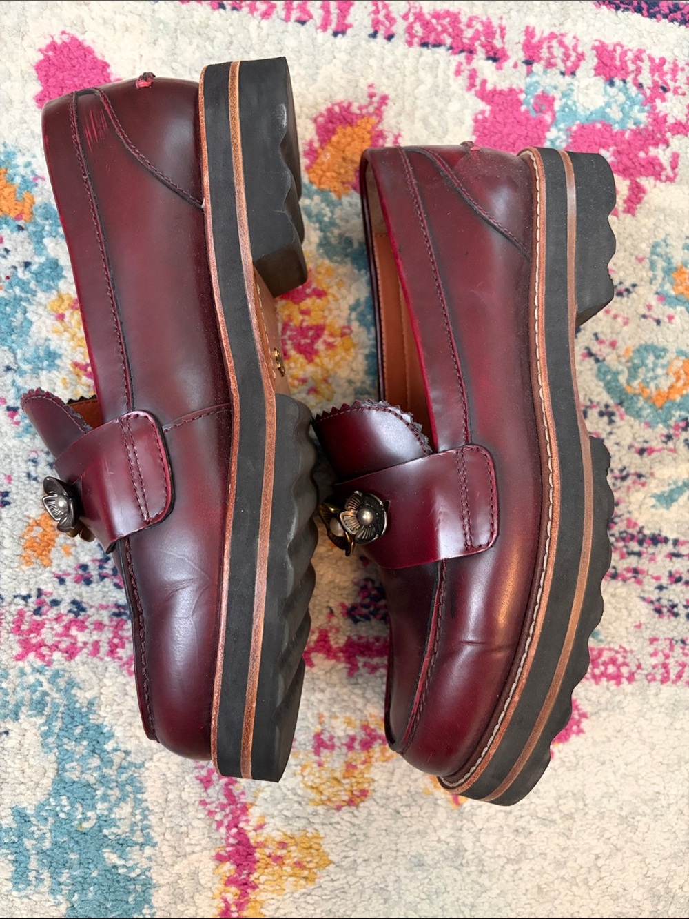 Coach Burgundy Leather Floral-Accent Loafers - Picture 3 of 8